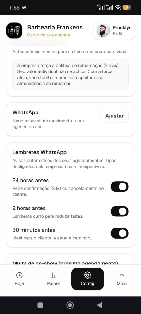 Tela do profissional na Ajenda: configura lembretes e regras