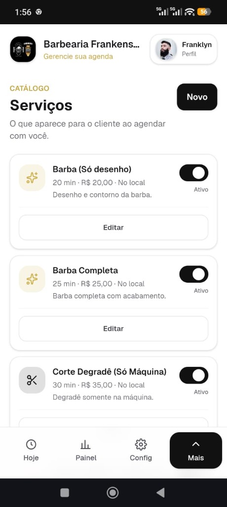 Tela do profissional na Ajenda: gerencia os serviços